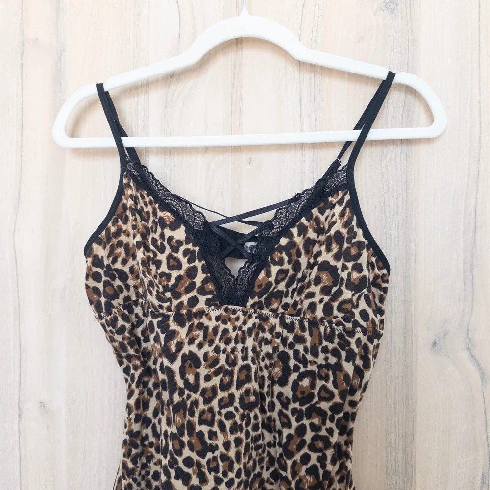 Womens Leopard Lace Trim Cami Top XL Brown Strappy Stretch Y2K Mob Wife Coquette